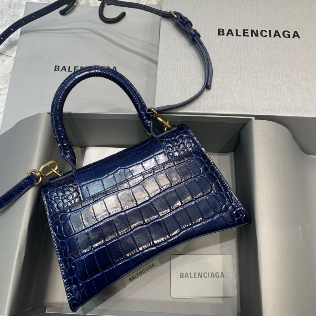 Balenciaga Hourglass Small Handbag Crocodile Embossed Shoulder Bag Dark Blue